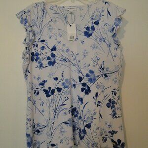 CALVIN KLEIN BLUE/WHITE MULTI SILKY BUSINESS SLEEVELESS TOP IN LARGE WITH TAG